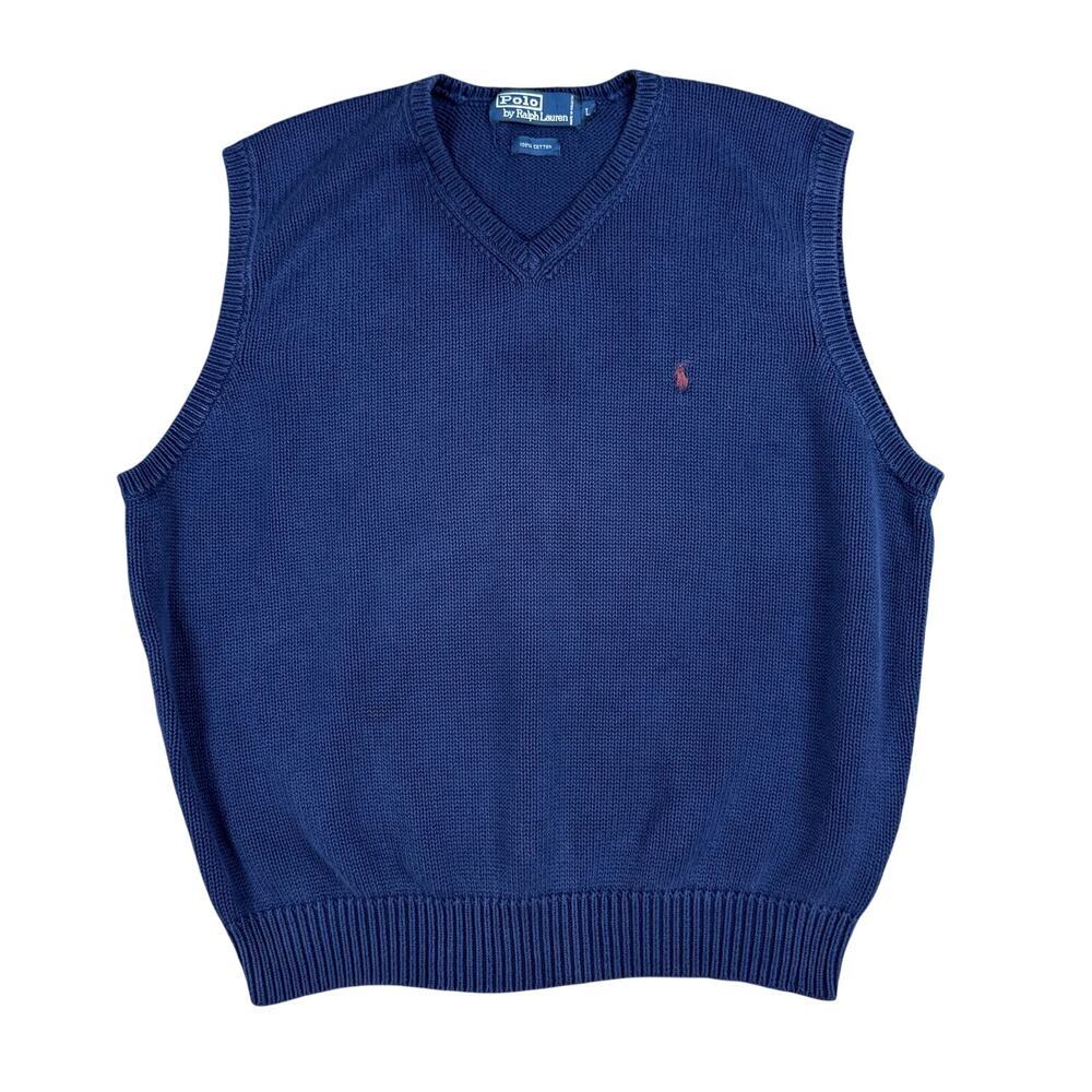 Vintage Polo Ralph Lauren Knit Vest Sweater‎ Mens Large Blue Cotton V-neck Logo